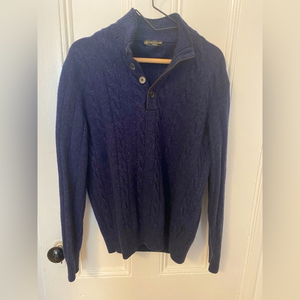 Corneliani 1/4 Button Up Cable Knit Cashmere Wool Blend Sweater - Sz XL